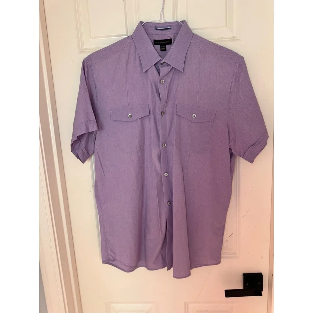 Banana Republic Mens Tanzanite Purple Short Sleeve‎ Button Down Shirt L 16-16.5